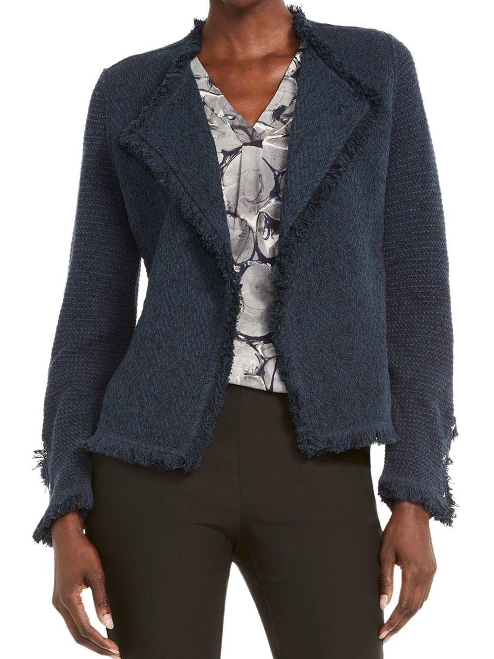 NIC+ZOE Navy Frayed-Trim Open-Front Cardigan NWOT